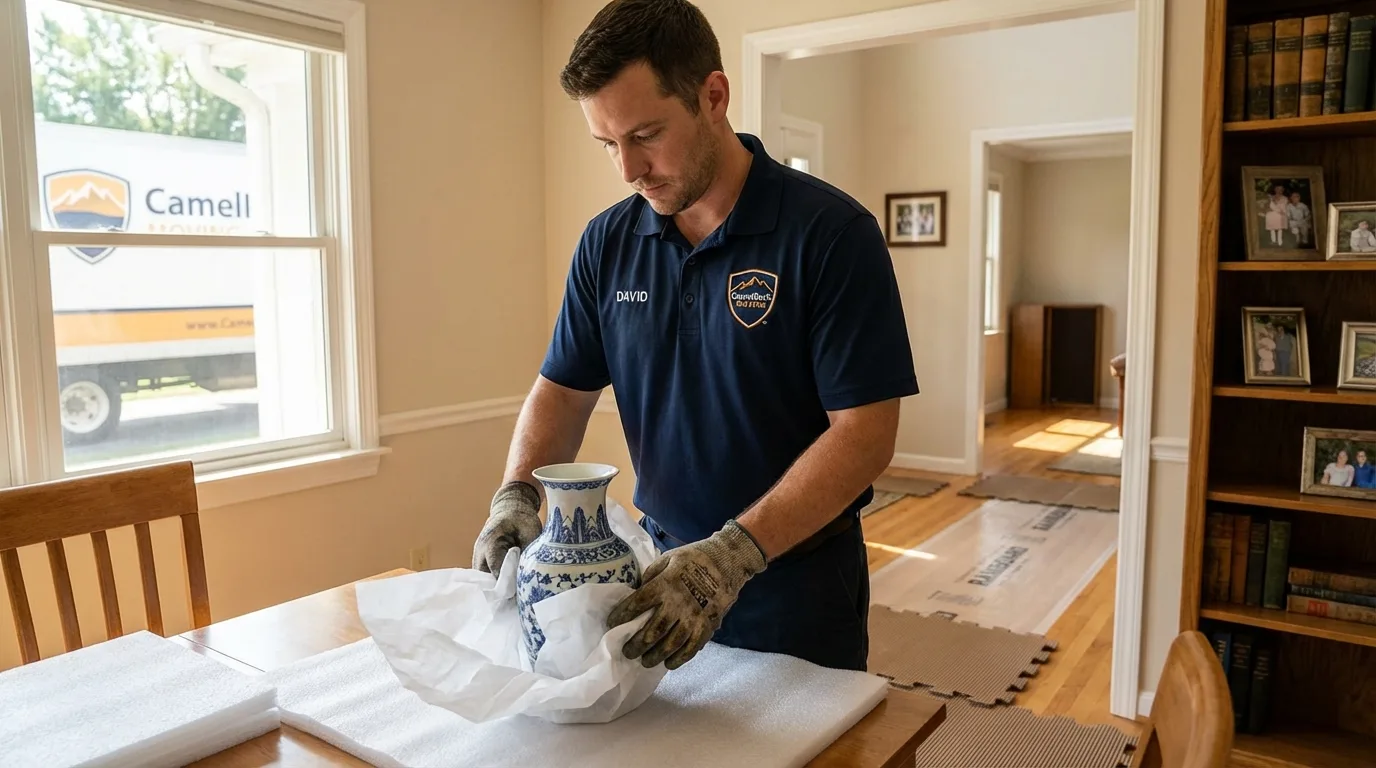 Professional crew carefully wrapping antique vase for senior downsizing move in Toquerville, UT